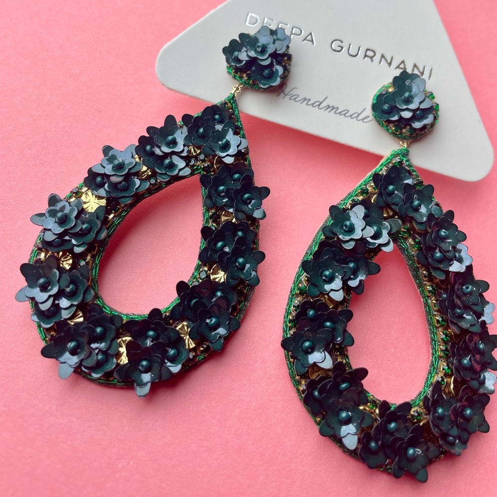 NWT Deepa Gurnani Anthro Beaded Crystal Flower Statement Earrings Forest Green